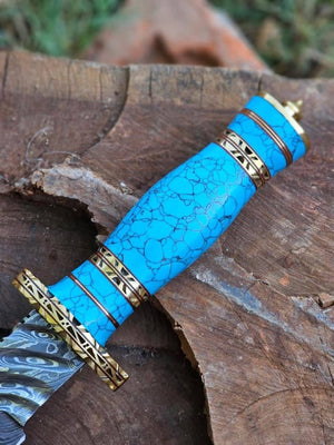 Turquoise Handle Damascus Dagger Set with Brass Bolsters detail view by Divine Knives