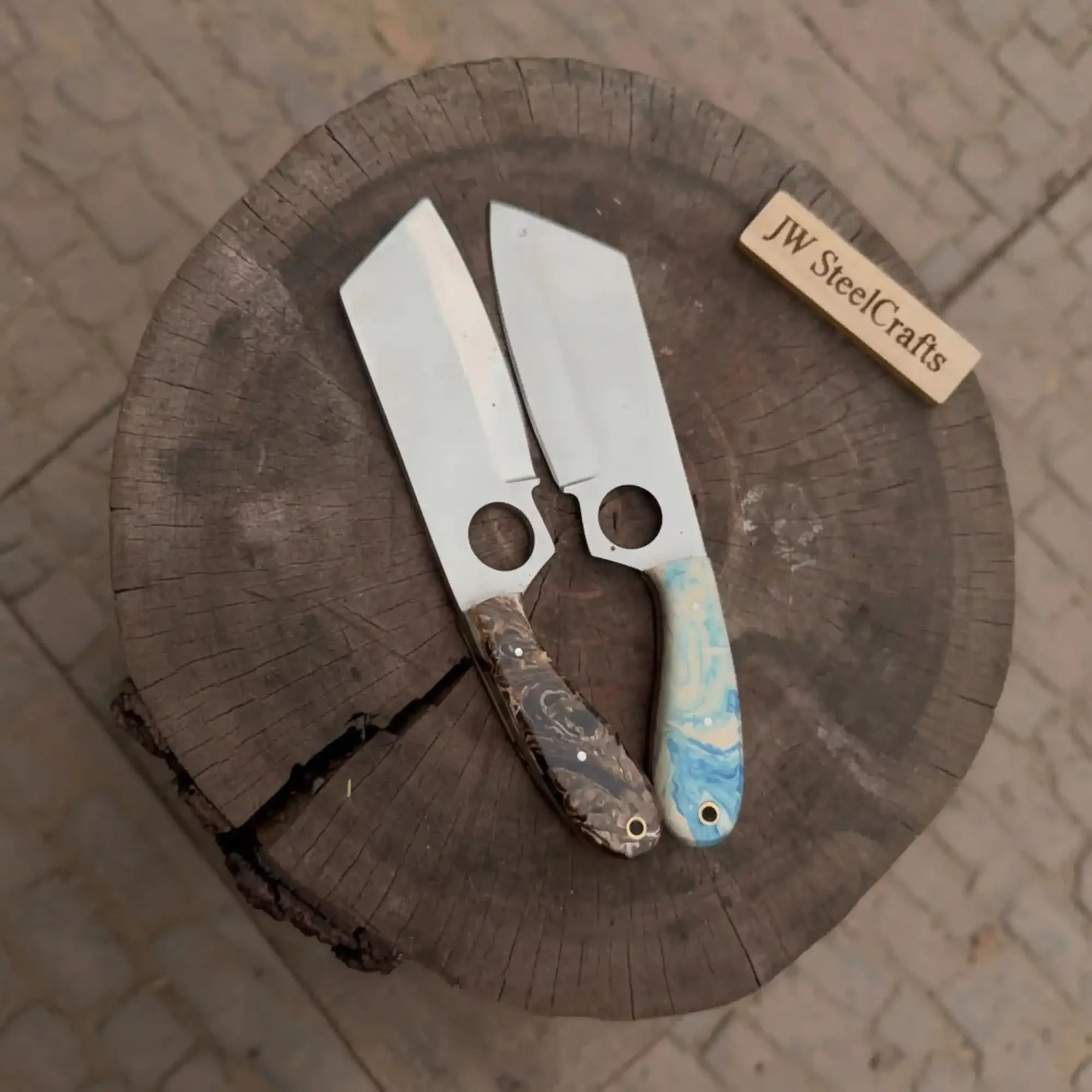 Mini Cleaver Knife Western Style Utility Cleaver Thumb Hole Resin Handle Fixed Blade by JW SteelCrafts, Damascus knife detail photo 3