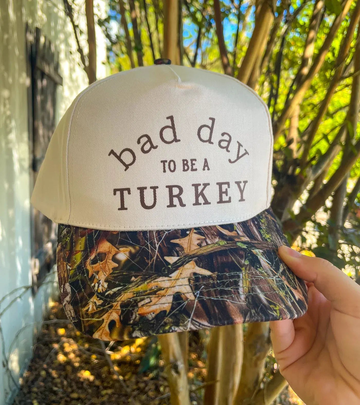 Bad Day To Be A Turkey Khaki/ Real Camo Canvas Trucker detail view by Southern Bliss Company