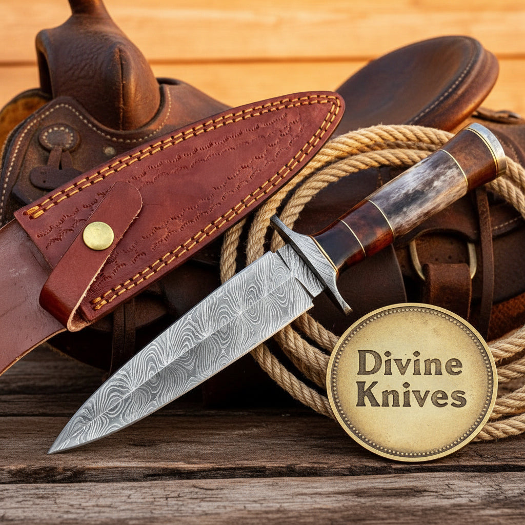 Damascus Antler Handle Boot Dagger with Stacked Handle by Divine Knives