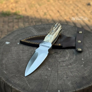 Handmade Dagger Knife with Stag Antler Handle | Full Tang Fixed Blade by JW SteelCrafts, Damascus knife detail photo 2