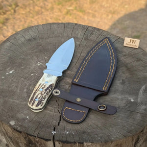 Handmade Dagger Knife with Stag Antler Handle | Full Tang Fixed Blade by JW SteelCrafts, Damascus knife detail photo 3
