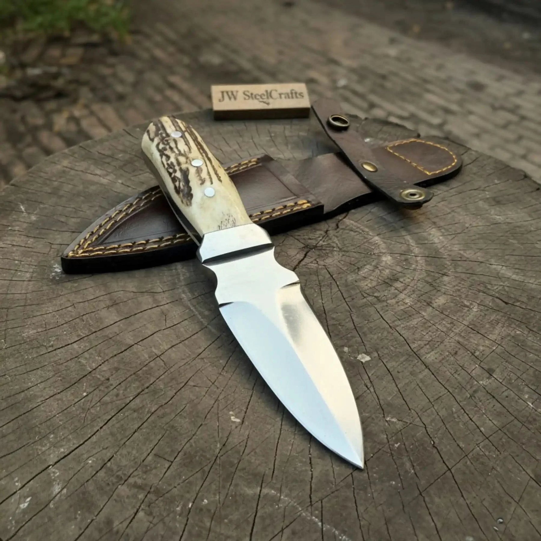 Handmade Dagger Knife with Stag Antler Handle | Full Tang Fixed Blade by JW SteelCrafts, Damascus knife main product photo