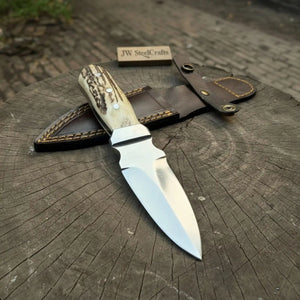 Handmade Dagger Knife with Stag Antler Handle | Full Tang Fixed Blade by JW SteelCrafts, Damascus knife main product photo