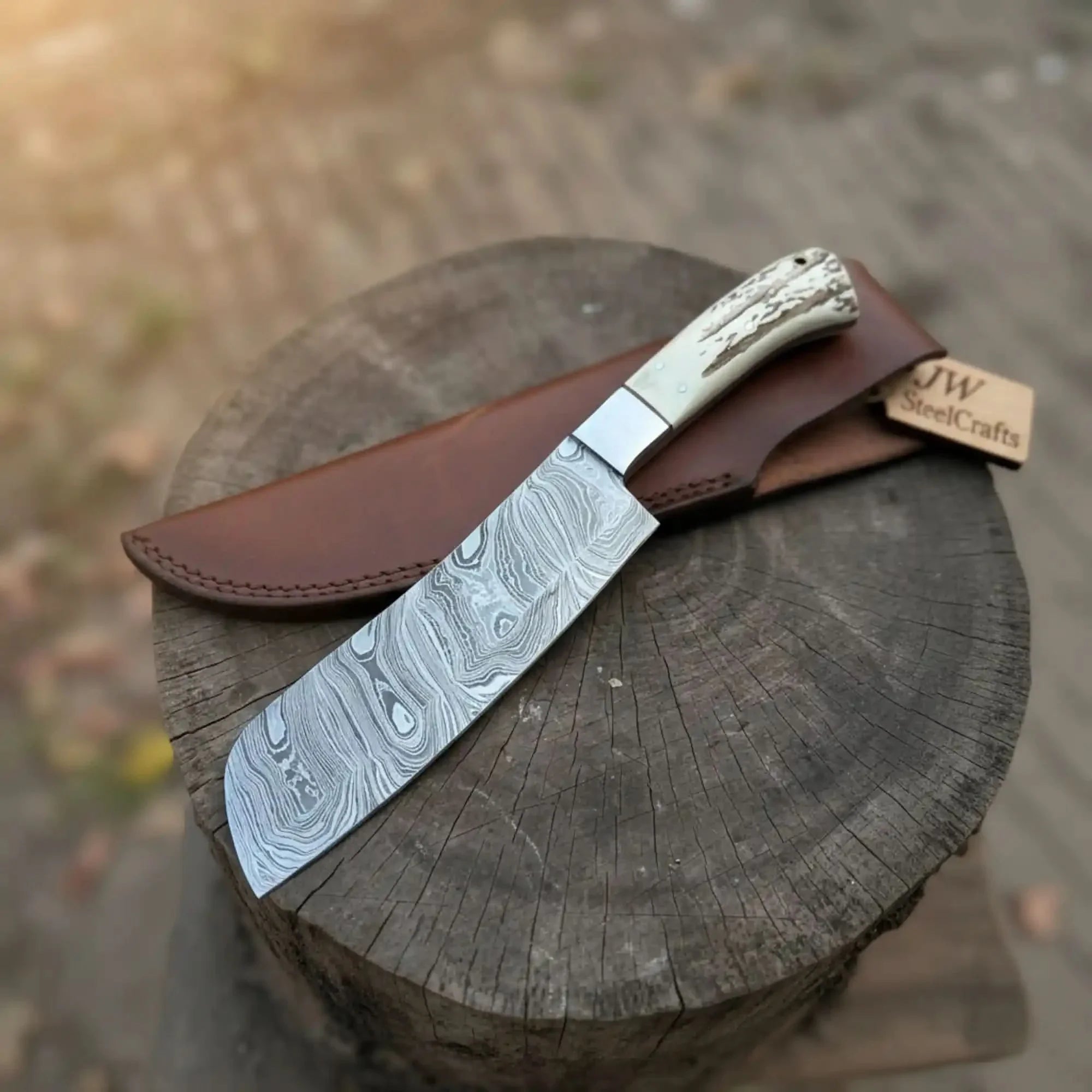 Handmade Damascus Cimeter Butcher Knife with Synthetic Stag Handle by JW SteelCrafts, Damascus knife main product photo