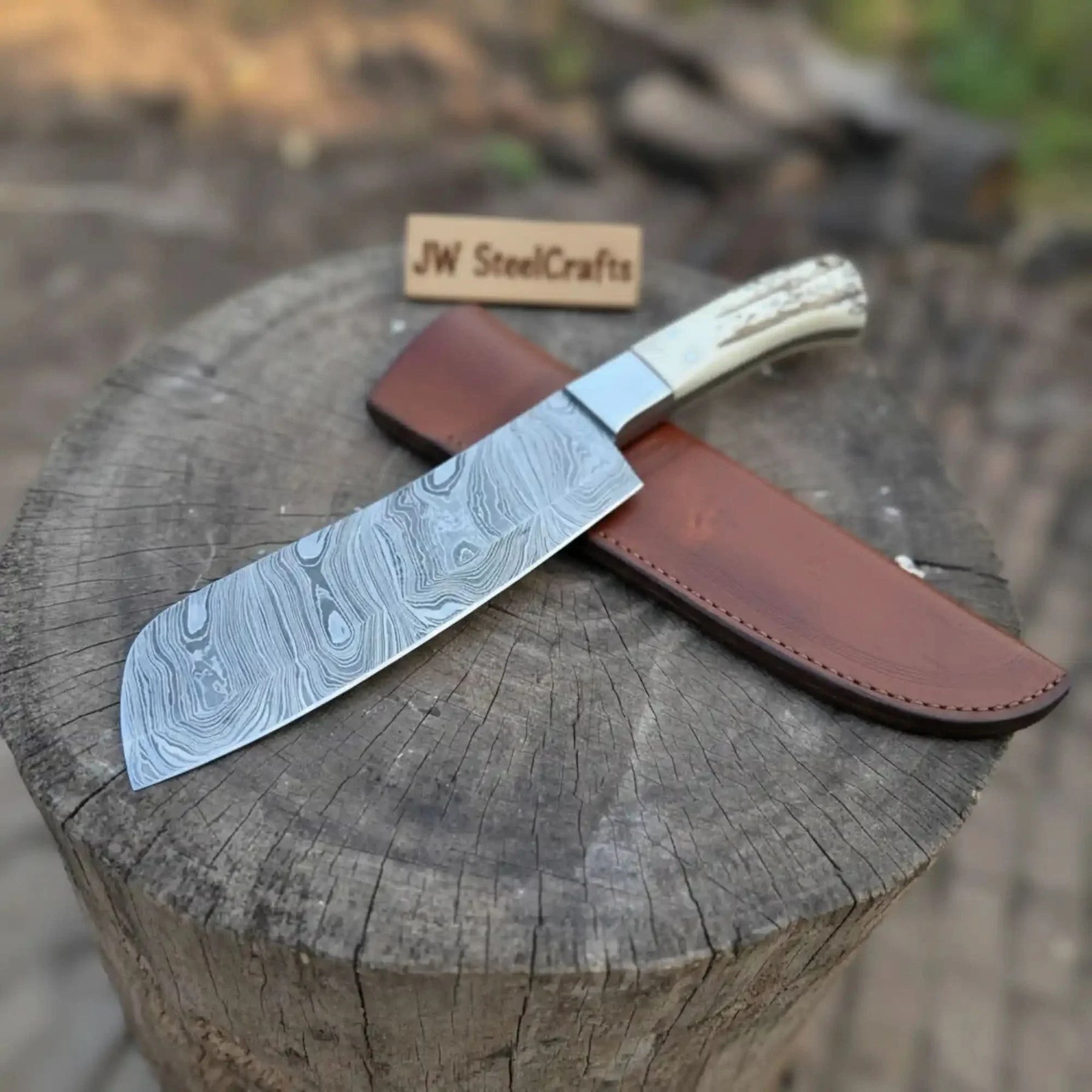 Handmade Damascus Cimeter Butcher Knife with Synthetic Stag Handle by JW SteelCrafts, Damascus knife detail photo 3