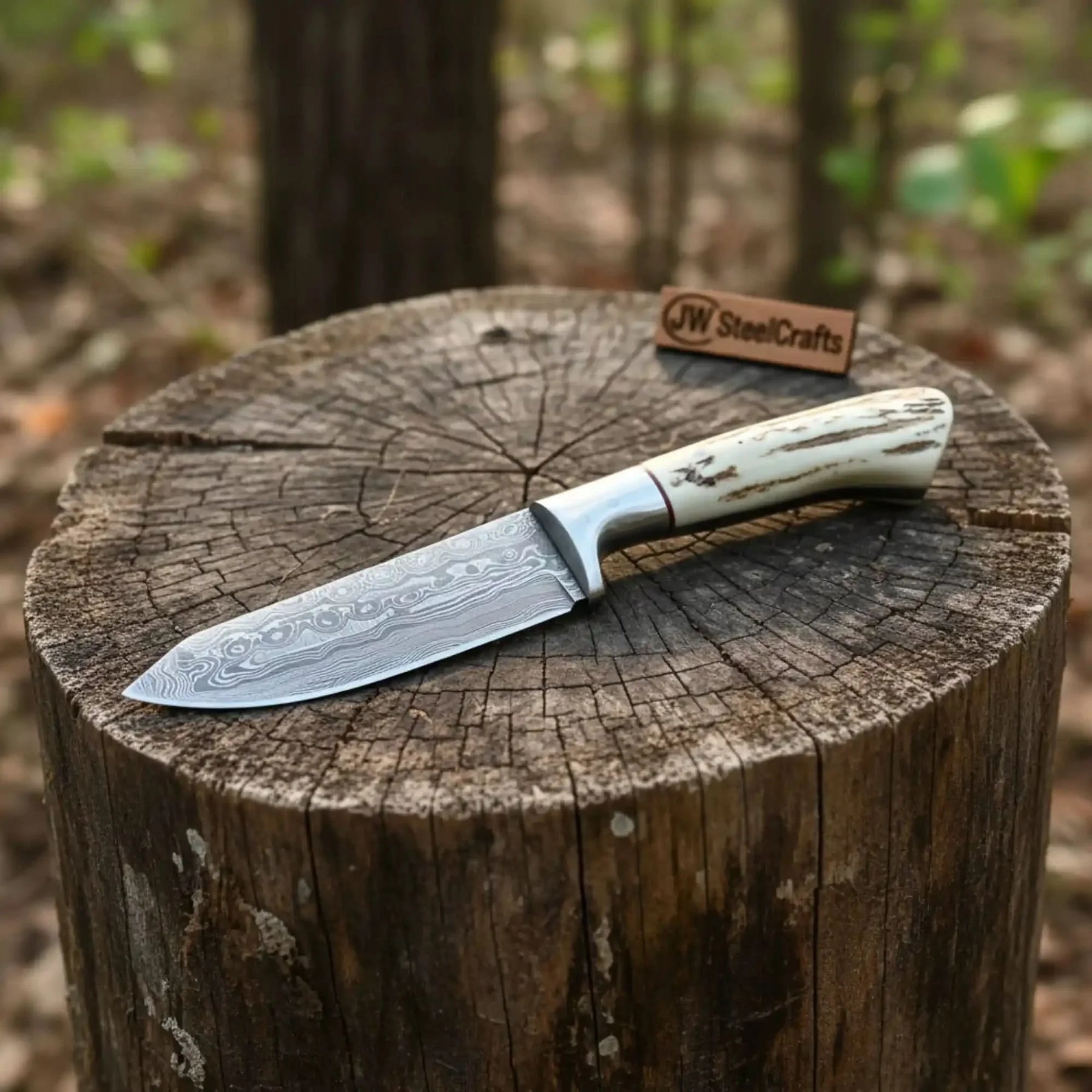 Handmade Damascus Skinner Knife with Synthetic Stag Handle | Full Tang Drop Point Blade by JW SteelCrafts, Damascus knife detail photo 2