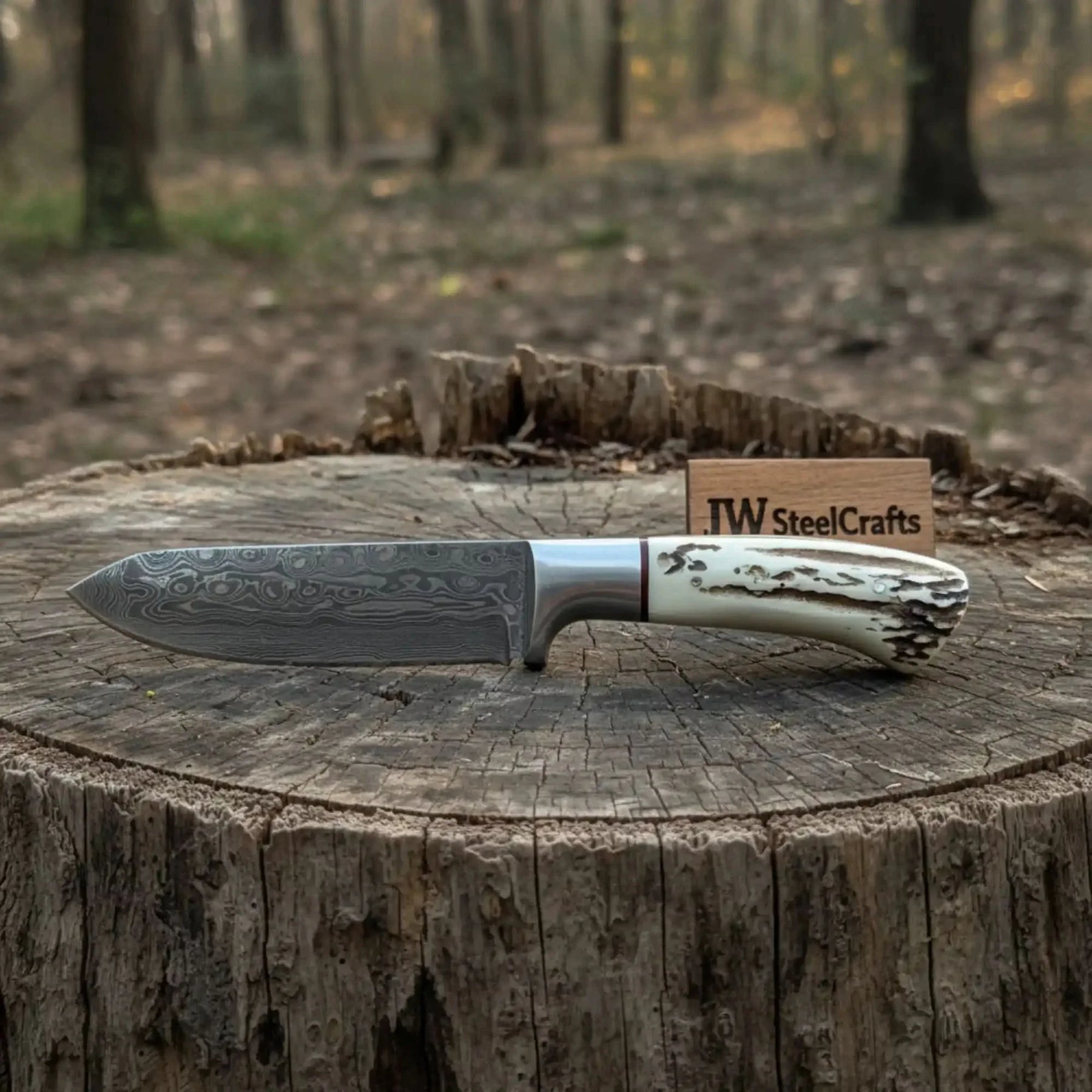Handmade Damascus Skinner Knife with Synthetic Stag Handle | Full Tang Drop Point Blade by JW SteelCrafts, Damascus knife detail photo 3