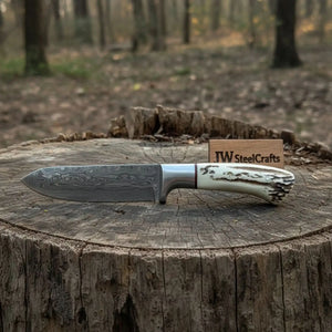 Handmade Damascus Skinner Knife with Synthetic Stag Handle | Full Tang Drop Point Blade by JW SteelCrafts, Damascus knife detail photo 3