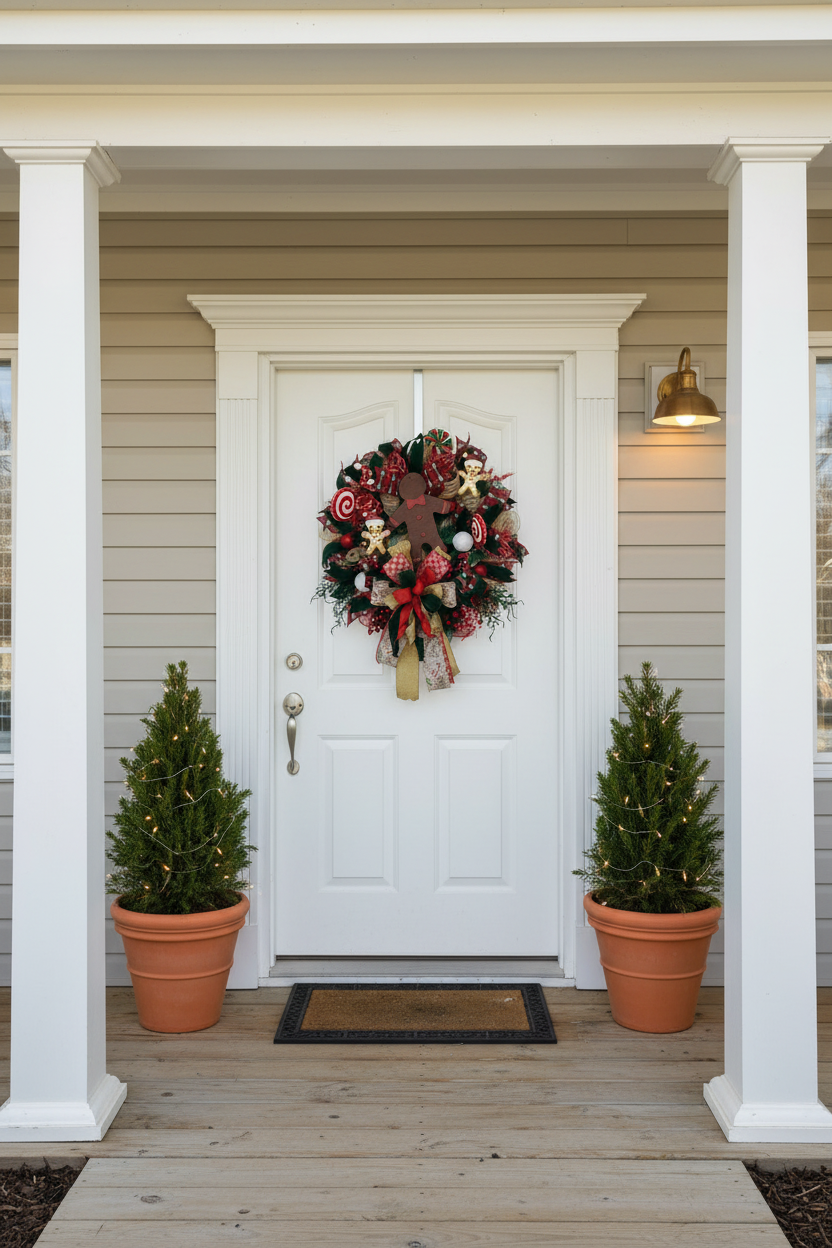 Gingerbread Christmas Wreath | Handmade Candy Cane Front Door Wreath | Whimsical Farmhouse Holiday Door Hanger | Christmas