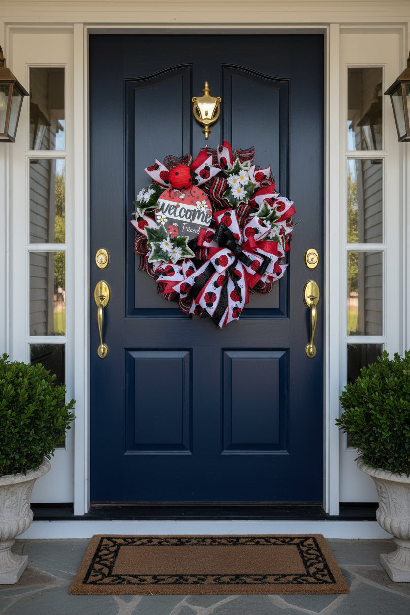 Ladybug Welcome Wreath | Handmade Spring Front Door Wreath | Garden Ladybug Door Hanger | Summer Farmhouse Decor by Bouge