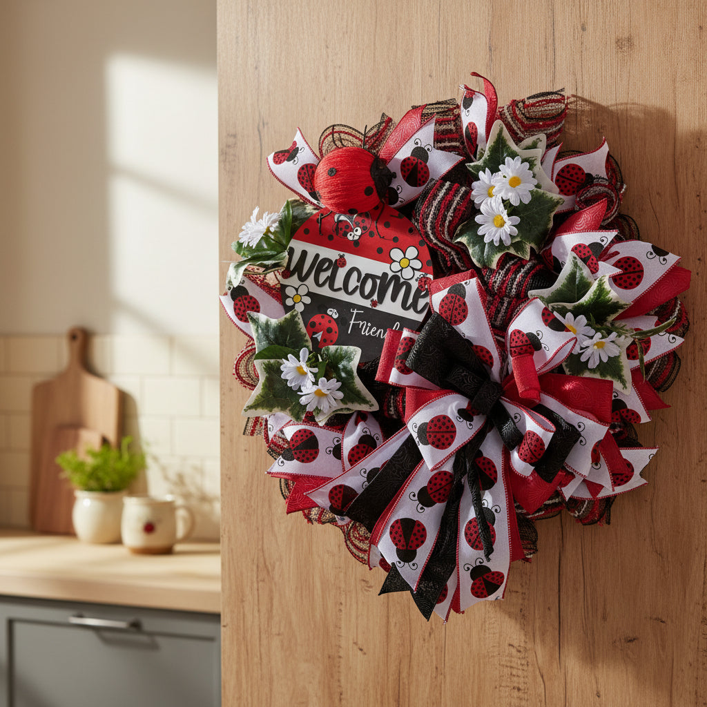 Ladybug Welcome Wreath | Handmade Spring Front Door Wreath | Garden Ladybug Door Hanger | Summer Farmhouse Decor detail view