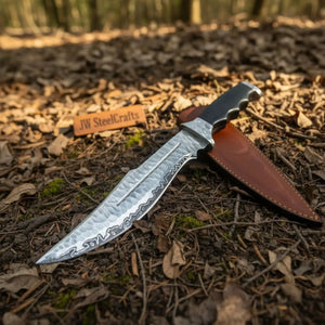 Handmade Carbon Steel Bowie Knife with Black Resin Handle | Full Tang Clip Point Blade by JW SteelCrafts, Damascus knife detail photo 2