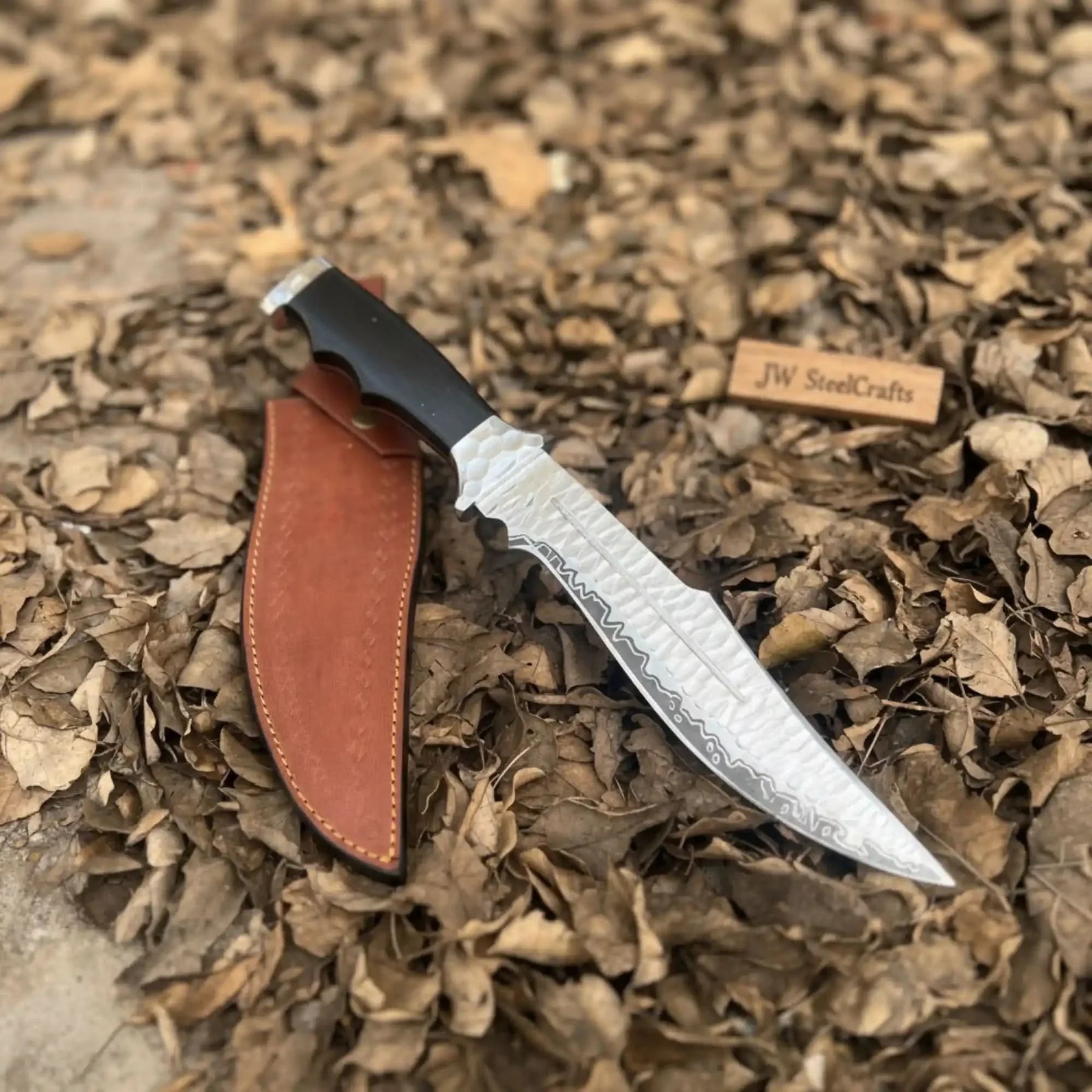 Handmade Carbon Steel Bowie Knife with Black Resin Handle | Full Tang Clip Point Blade by JW SteelCrafts, Damascus knife detail photo 3