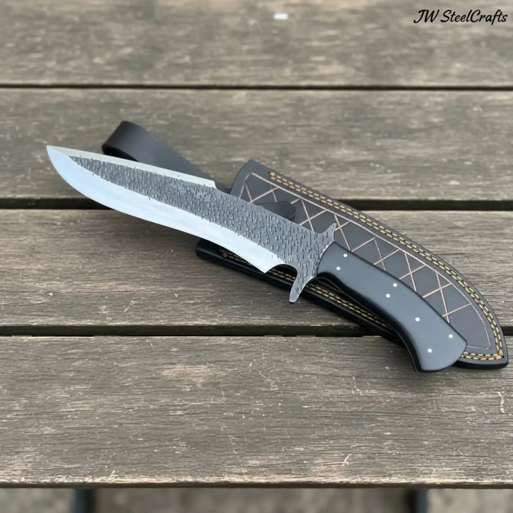 Handmade Carbon Steel Clip Point Bowie Knife with Black Micarta Handle by JW SteelCrafts, Damascus knife detail photo 5