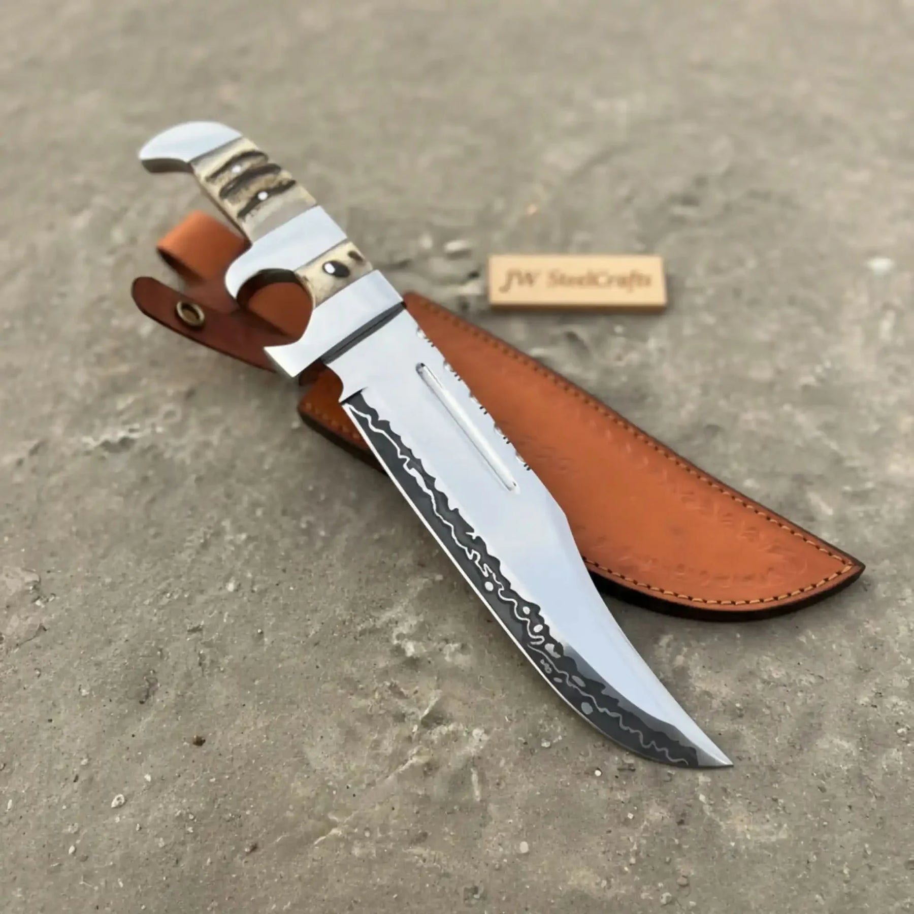 Frontier Bowie Knife 8 Inch blade Clip Point Carbon Steel Blade | Hunting Outdoor by JW SteelCrafts, Damascus knife detail photo 3