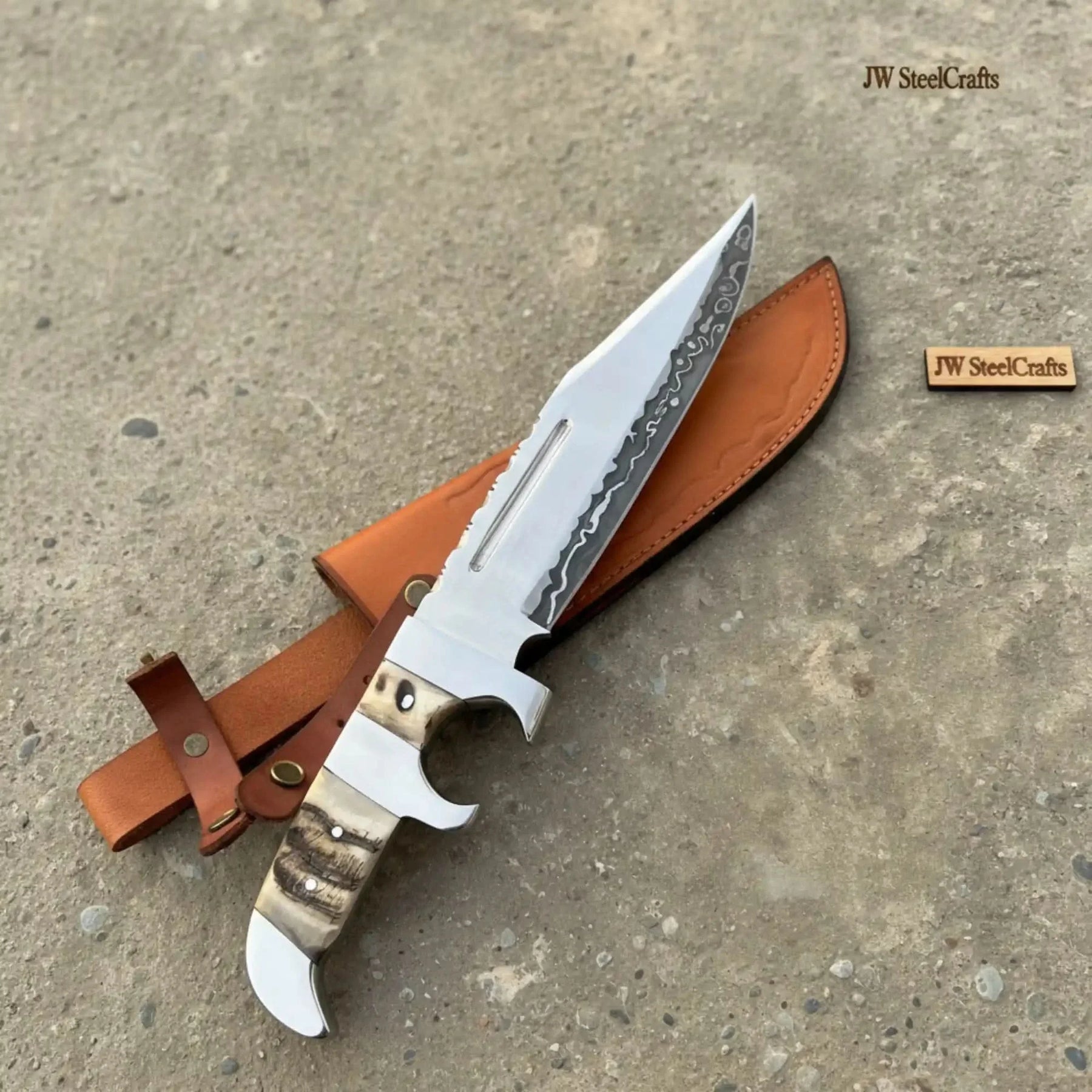 Frontier Bowie Knife 8 Inch blade Clip Point Carbon Steel Blade | Hunting Outdoor by JW SteelCrafts, Damascus knife detail photo 5