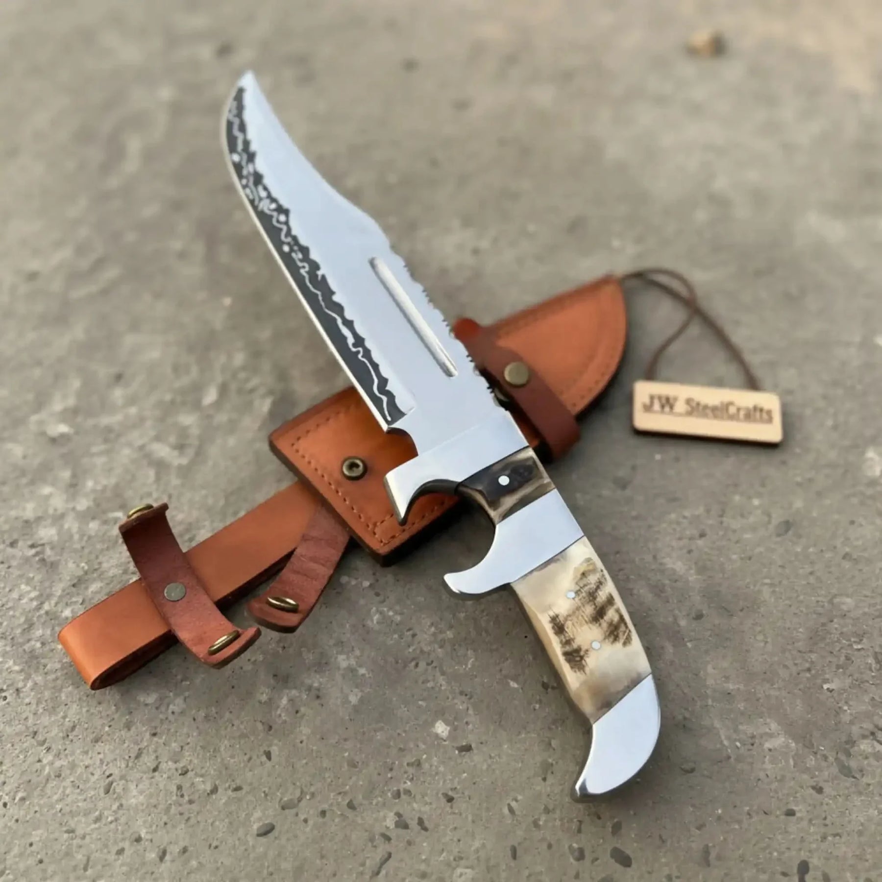 Frontier Bowie Knife 8 Inch blade Clip Point Carbon Steel Blade | Hunting Outdoor by JW SteelCrafts, Damascus knife main product photo