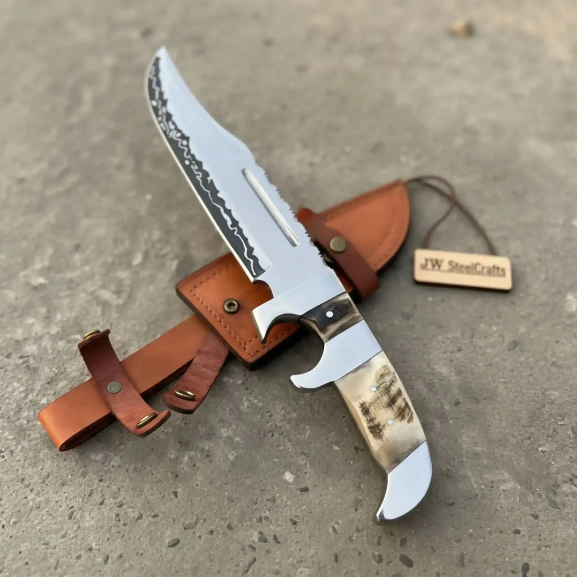 Frontier Bowie Knife 8 Inch blade Clip Point Carbon Steel Blade | Hunting Outdoor by JW SteelCrafts, Damascus knife main product photo