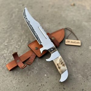 Frontier Bowie Knife 8 Inch blade Clip Point Carbon Steel Blade | Hunting Outdoor by JW SteelCrafts, Damascus knife main product photo
