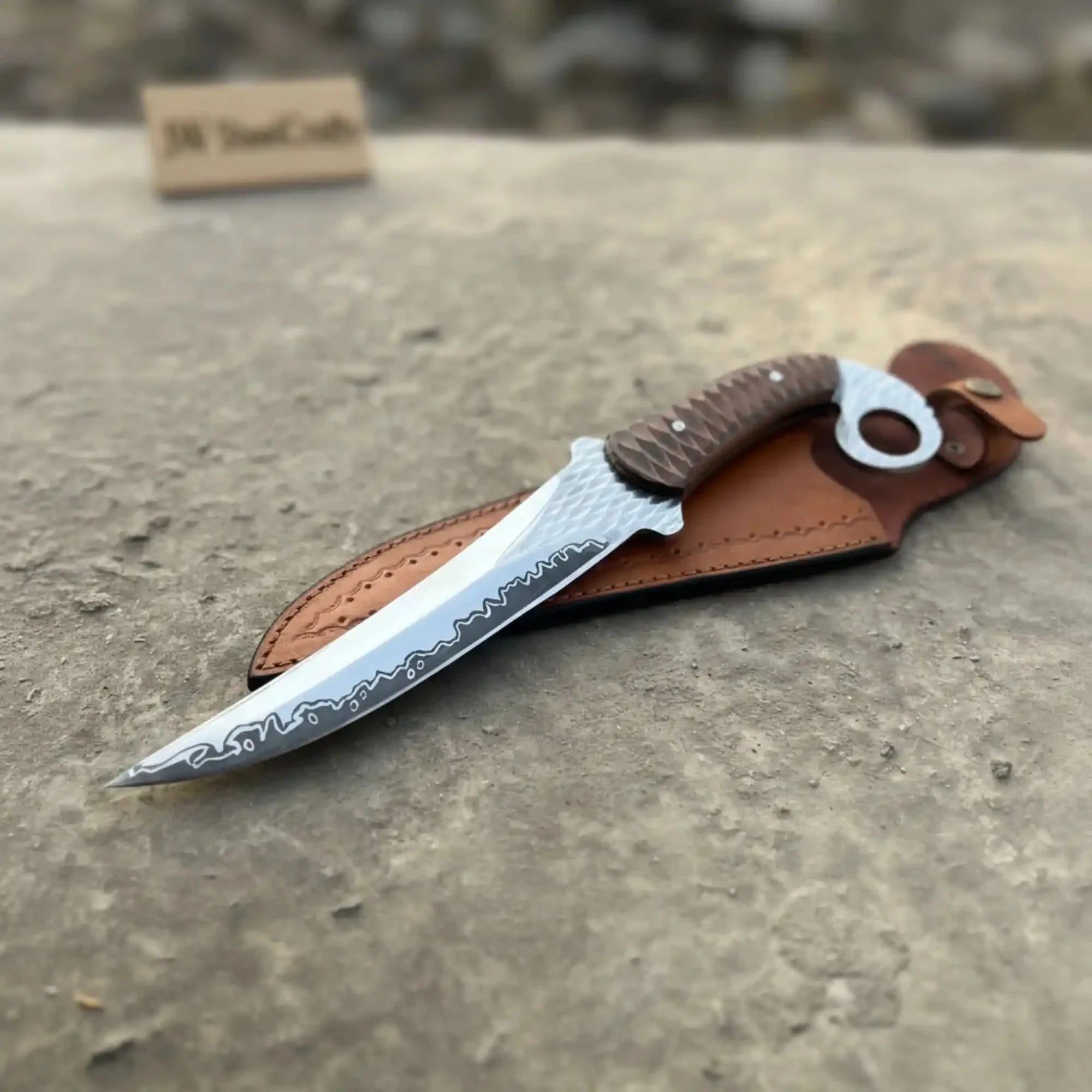 Indonesian Karambit Knife Recurve Blade acid etched Outdoor Utility by JW SteelCrafts, Damascus knife detail photo 2