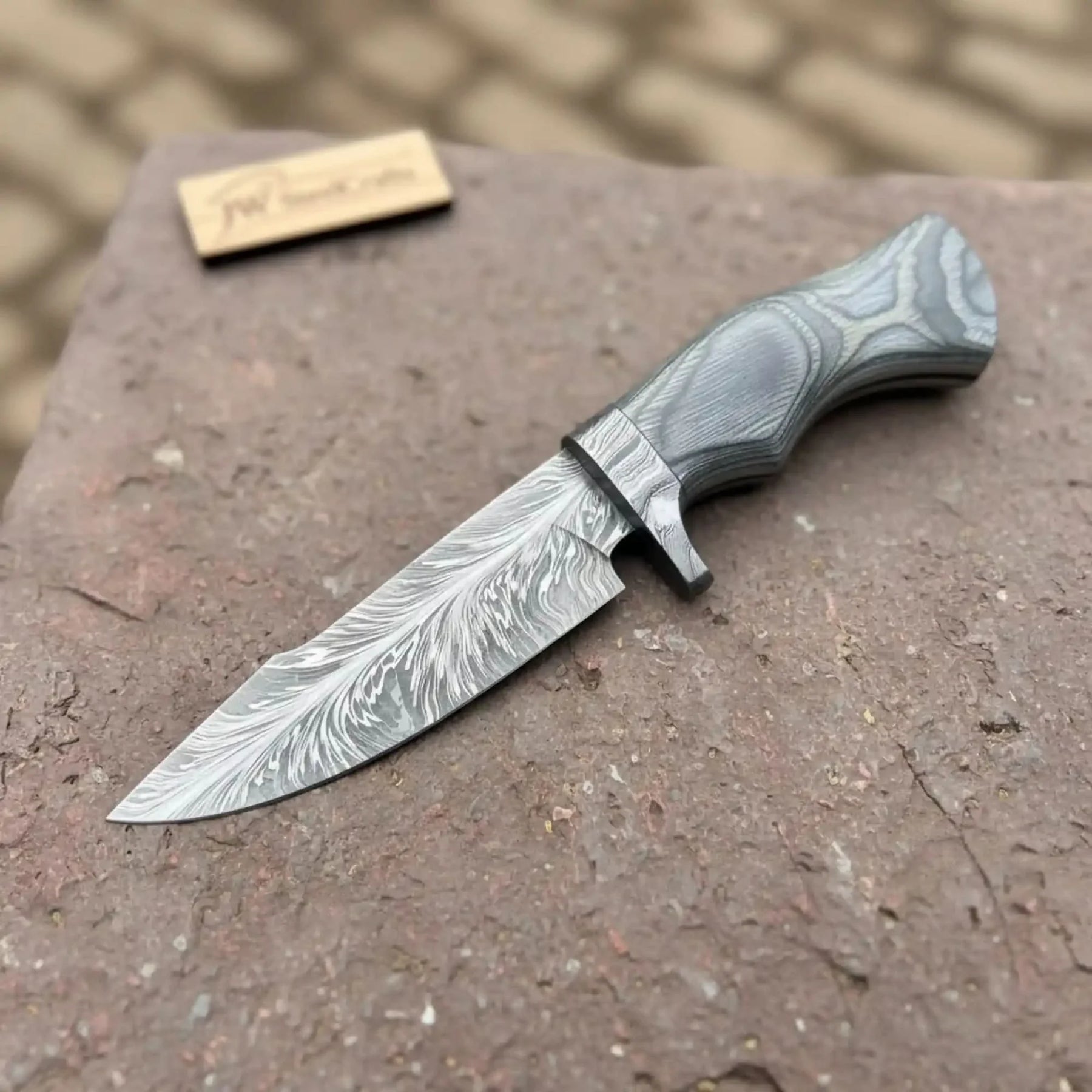 Bobcat Style Drop Point Hunting Knife Feather Damascus Blade Gray Pakka Wood Handle EDC Fixed Blade by JW SteelCrafts, Damascus knife detail photo 2