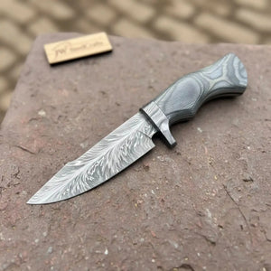 Bobcat Style Drop Point Hunting Knife Feather Damascus Blade Gray Pakka Wood Handle EDC Fixed Blade by JW SteelCrafts, Damascus knife detail photo 2