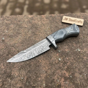 Bobcat Style Drop Point Hunting Knife Feather Damascus Blade Gray Pakka Wood Handle EDC Fixed Blade by JW SteelCrafts, Damascus knife detail photo 3