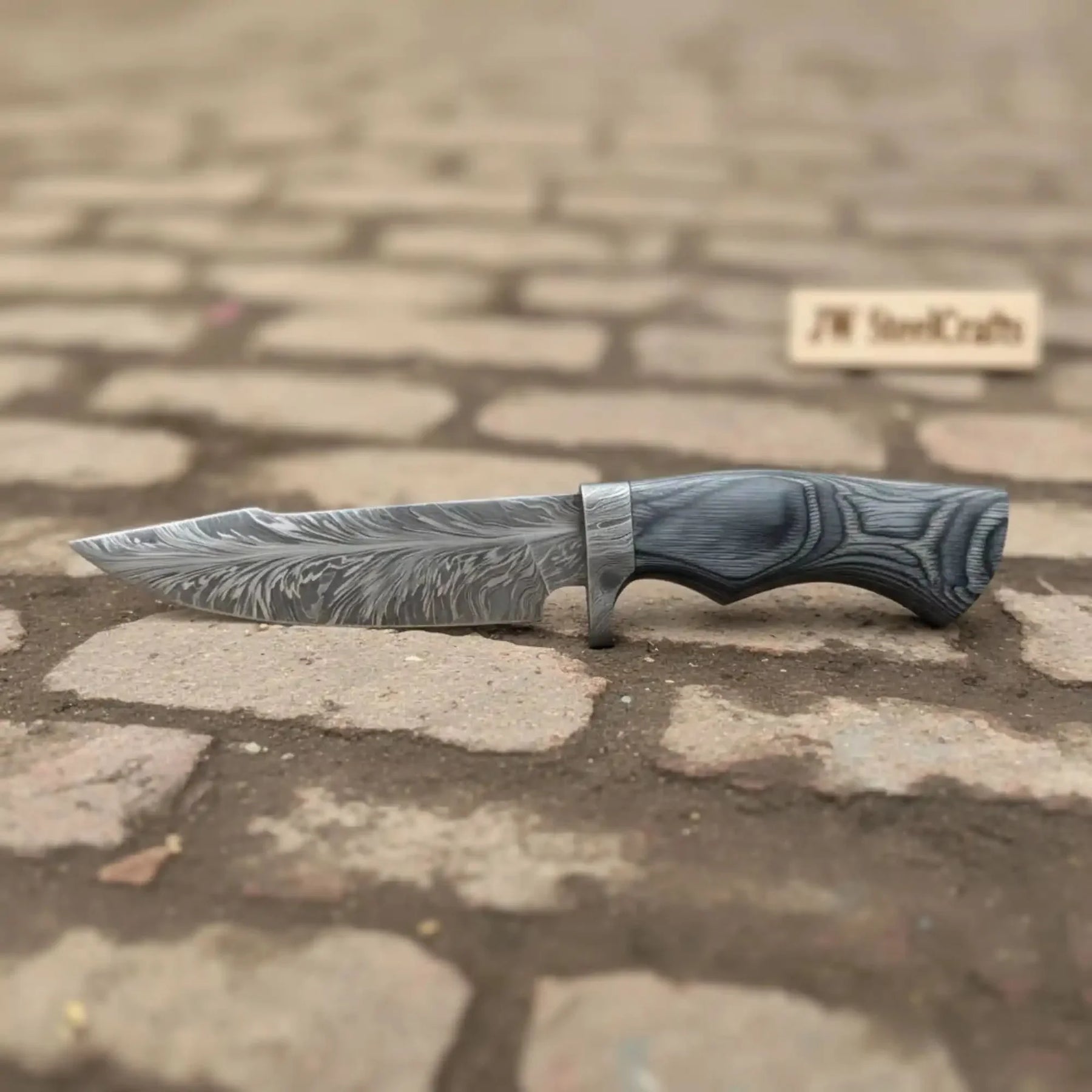 Bobcat Style Drop Point Hunting Knife Feather Damascus Blade Gray Pakka Wood Handle EDC Fixed Blade by JW SteelCrafts, Damascus knife detail photo 4