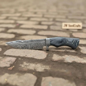 Bobcat Style Drop Point Hunting Knife Feather Damascus Blade Gray Pakka Wood Handle EDC Fixed Blade by JW SteelCrafts, Damascus knife detail photo 4