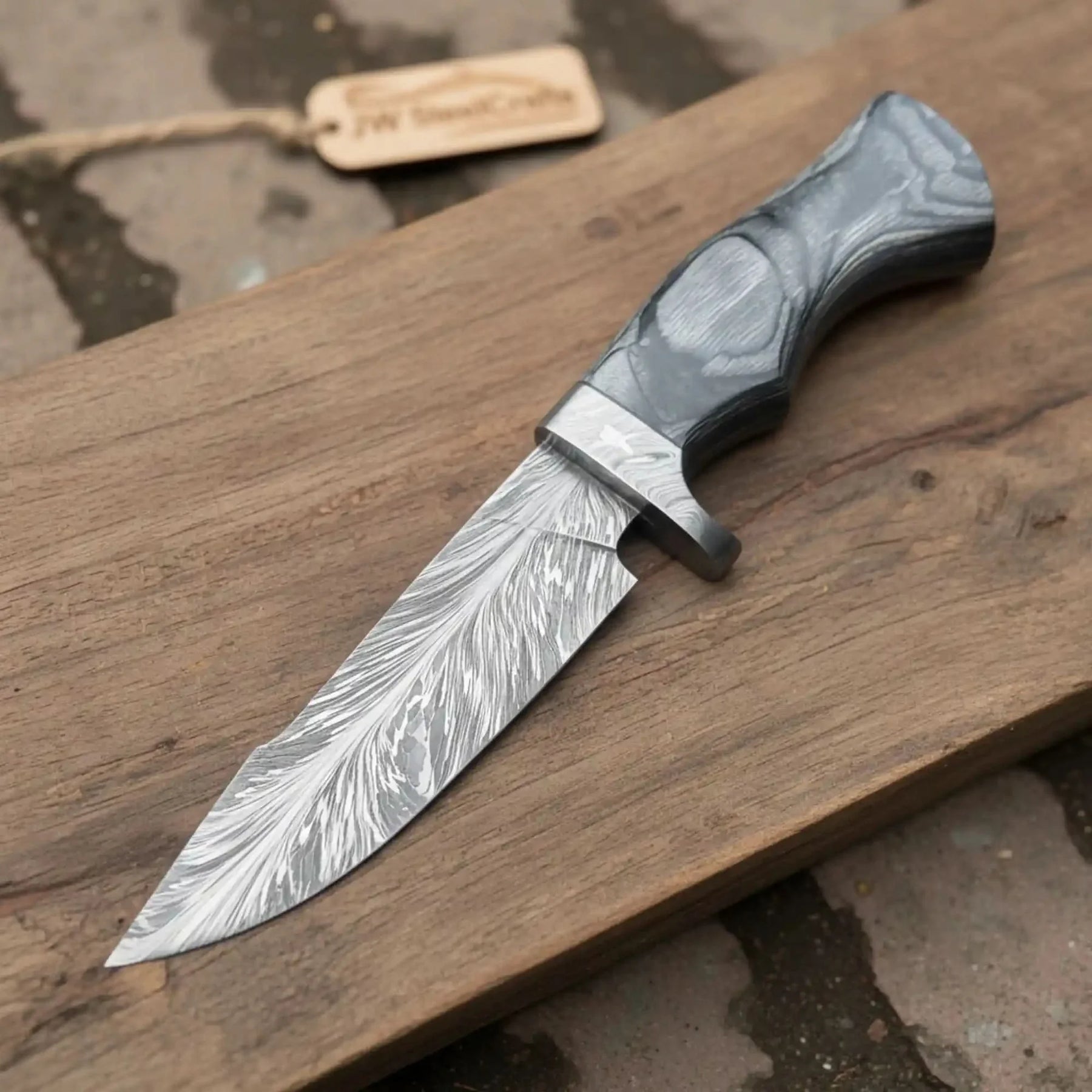 Bobcat Style Drop Point Hunting Knife Feather Damascus Blade Gray Pakka Wood Handle EDC Fixed Blade by JW SteelCrafts, Damascus knife main product photo