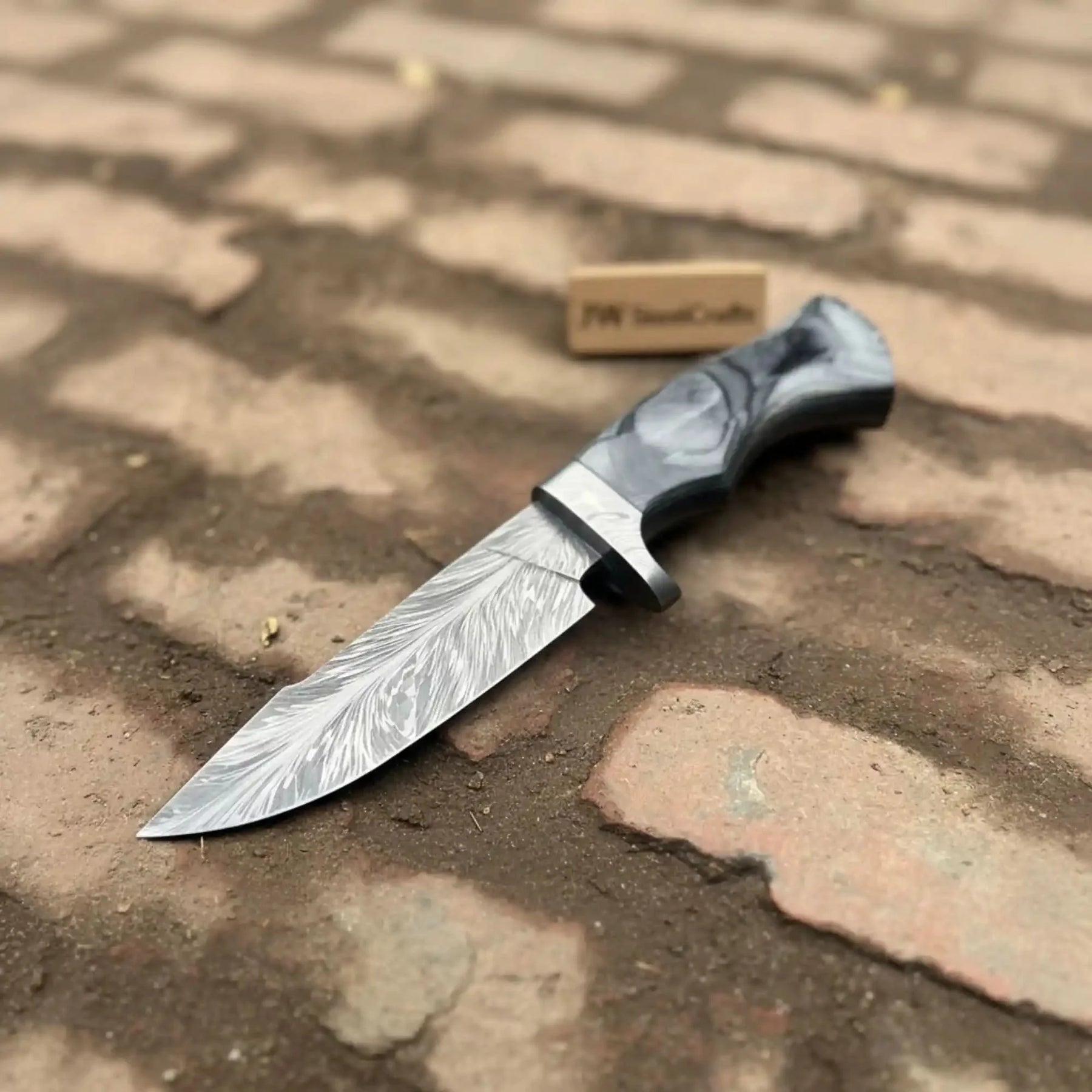 Bobcat Style Drop Point Hunting Knife Feather Damascus Blade Gray Pakka Wood Handle EDC Fixed Blade by JW SteelCrafts, Damascus knife detail photo 5