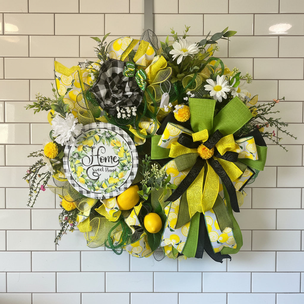 Home Sweet Home Lemon Wreath | Farmhouse Front Door Wreath | Handmade Summer Citrus Wreath | Everyday Welcome Door Hanger