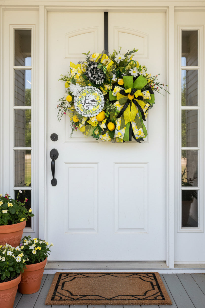 Home Sweet Home Lemon Wreath | Farmhouse Front Door Wreath | Handmade Summer Citrus Wreath | Everyday Welcome Door Hanger by