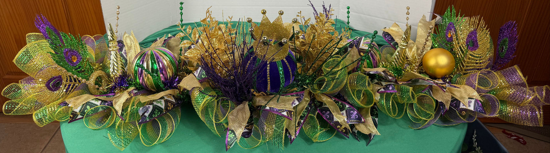 Mardi Gras garland , Purple Green Gold Mantel Swag, Carnival Table Arrangement, New Orleans Decor detail view by Bouge