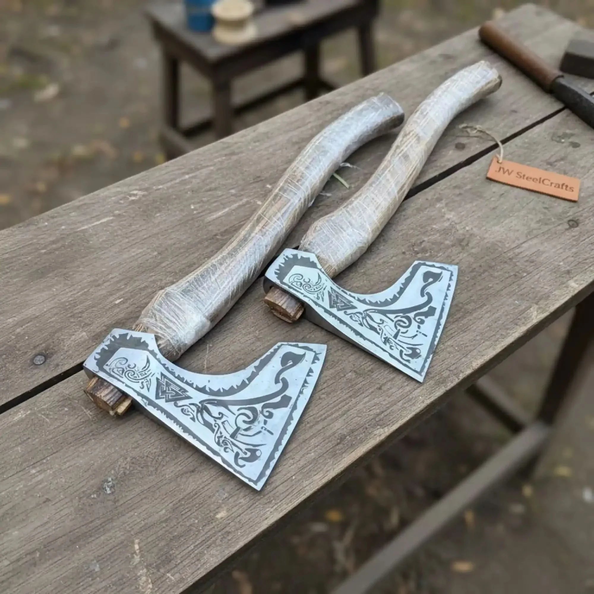 Norse Bearded Axe Pair — Viking Style Handmade Wood Cutting Tool by JW SteelCrafts, handmade axe detail photo 2