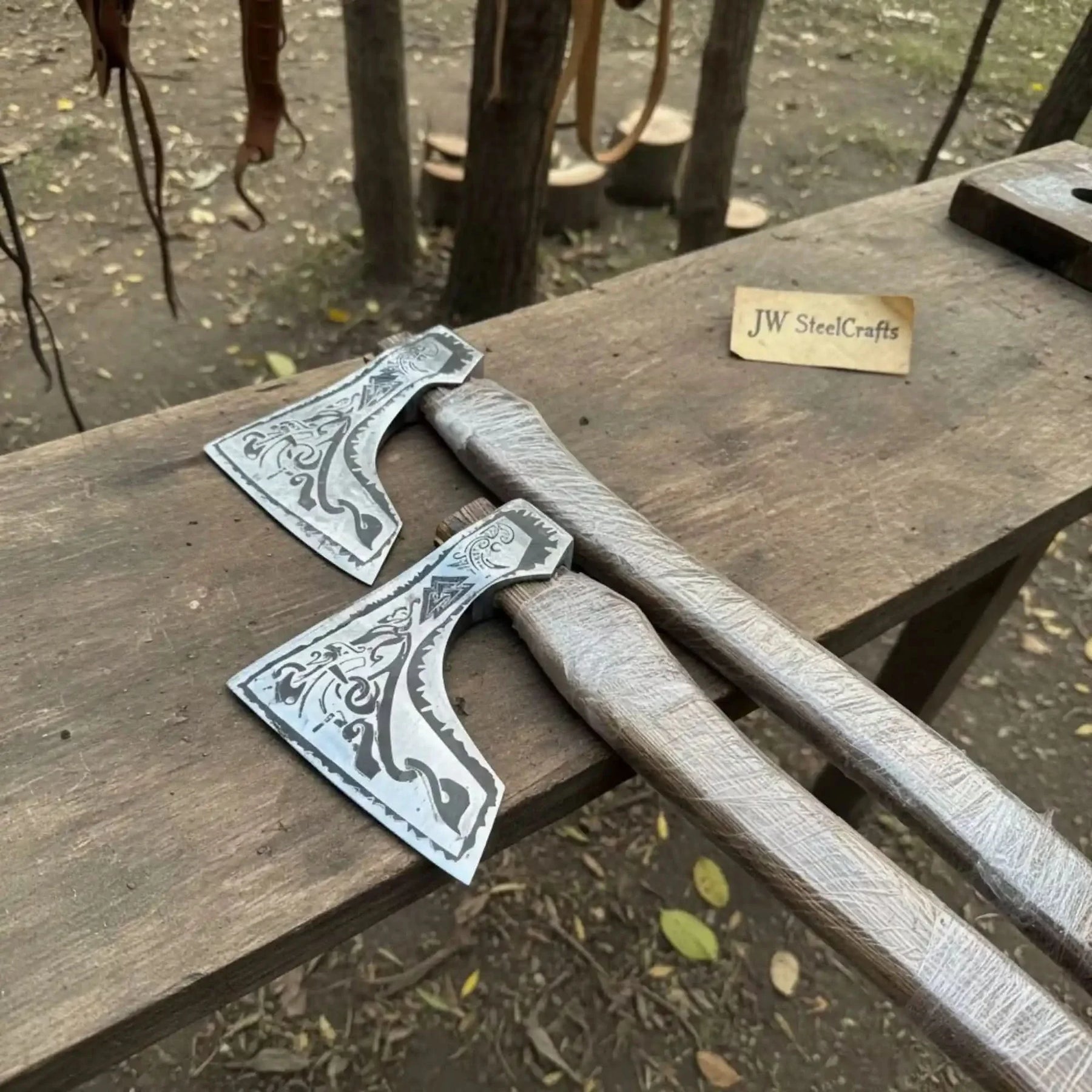 Norse Bearded Axe Pair — Viking Style Handmade Wood Cutting Tool by JW SteelCrafts, handmade axe detail photo 3