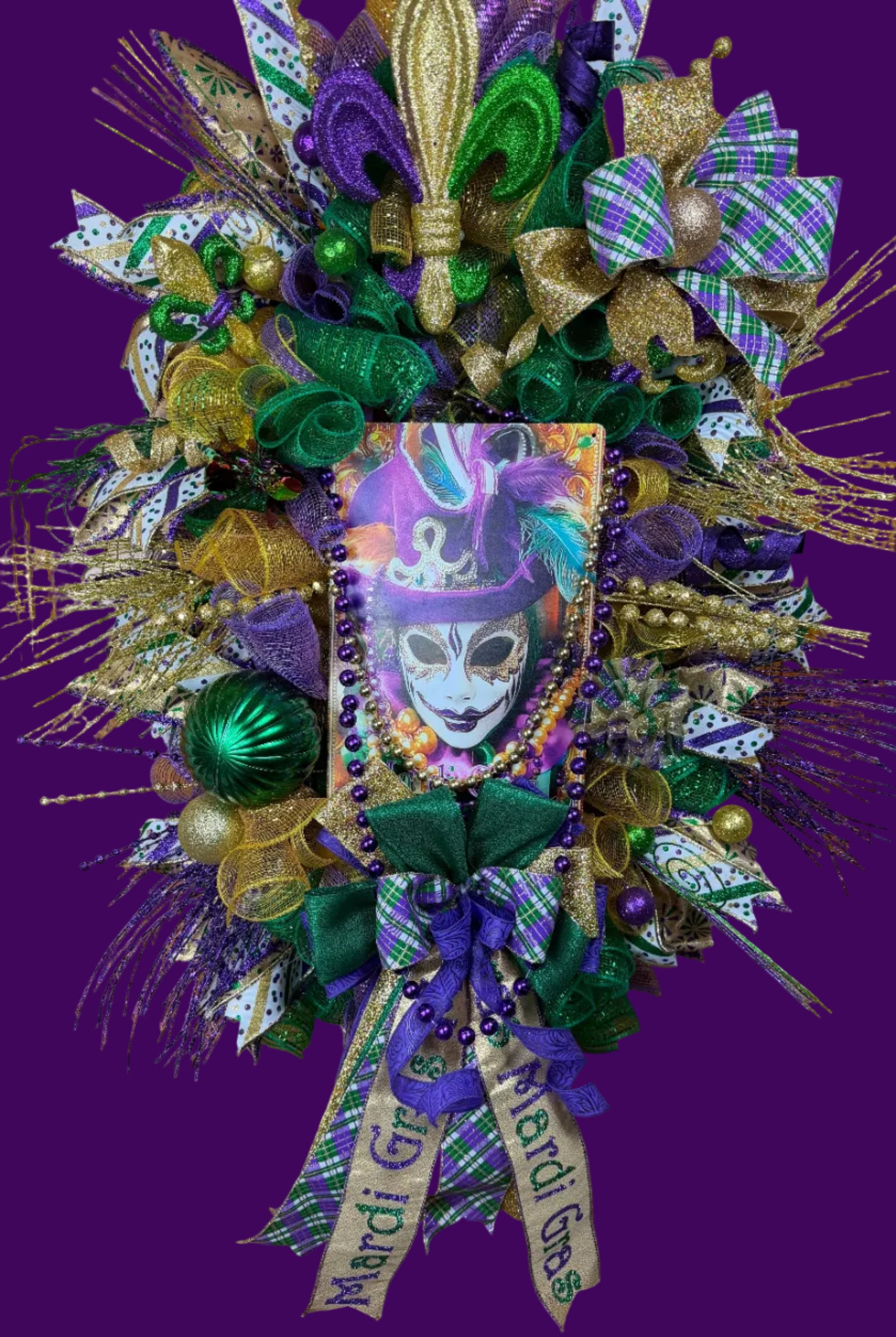 Luxury Mardi Gras Wreath | Purple Green Gold Front Door Wreath | Fat Tuesday Decor | Fleur De Lis Carnival Door Hanger detail