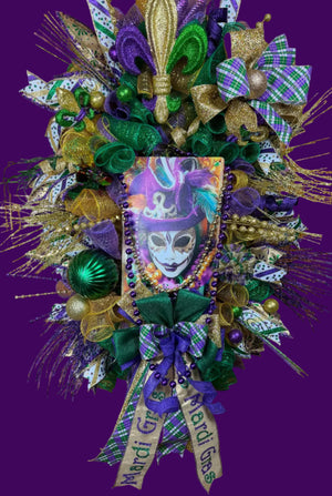 Luxury Mardi Gras Wreath | Purple Green Gold Front Door Wreath | Fat Tuesday Decor | Fleur De Lis Carnival Door Hanger detail