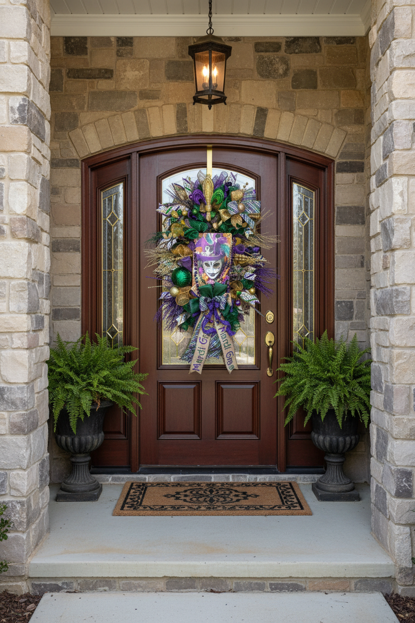 Mardi Gras Jester Front Door Wreath handmade by Bouge Creations in Mississippi