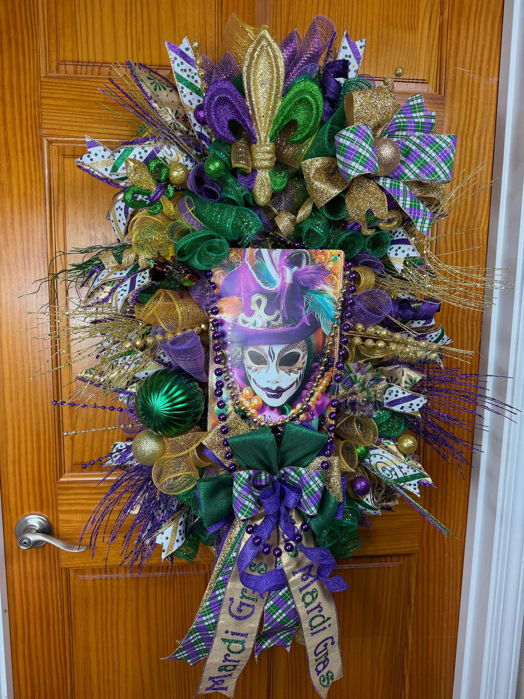 Luxury Mardi Gras Wreath | Purple Green Gold Front Door Wreath | Fat Tuesday Decor | Fleur De Lis Carnival Door Hanger detail