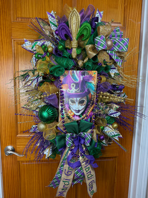 Luxury Mardi Gras Wreath | Purple Green Gold Front Door Wreath | Fat Tuesday Decor | Fleur De Lis Carnival Door Hanger detail