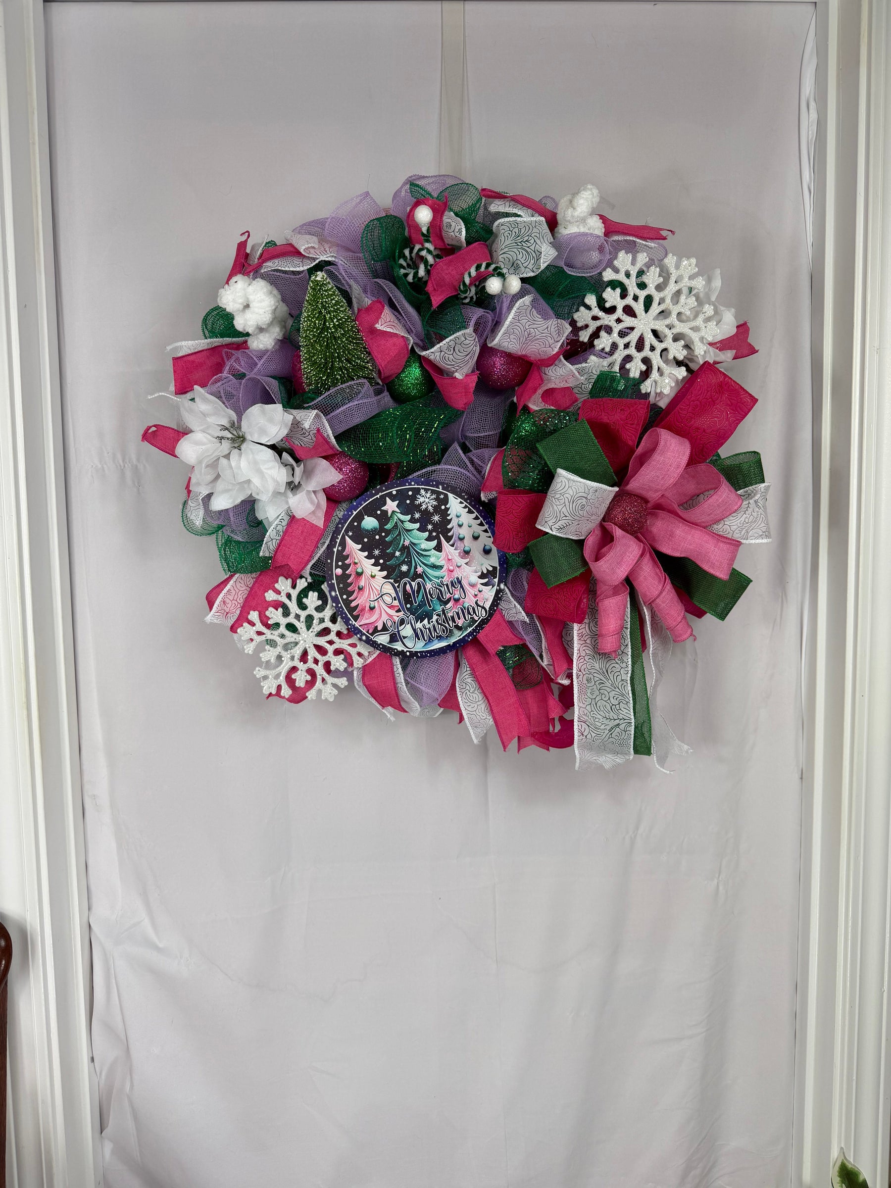 Pink & Purple Christmas Wreath | Whimsical Merry Christmas Front Door Wreath | Handmade Holiday Mesh Door Decor | Winter