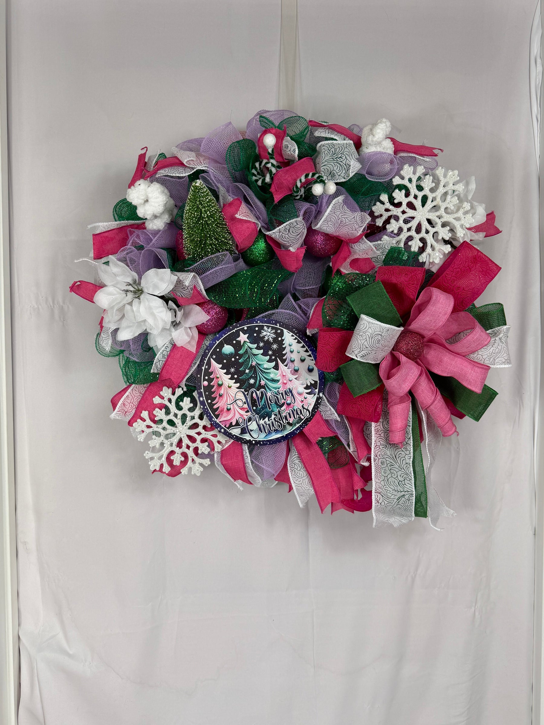 Pink & Purple Christmas Wreath | Whimsical Merry Christmas Front Door Wreath | Handmade Holiday Mesh Door Decor | Winter