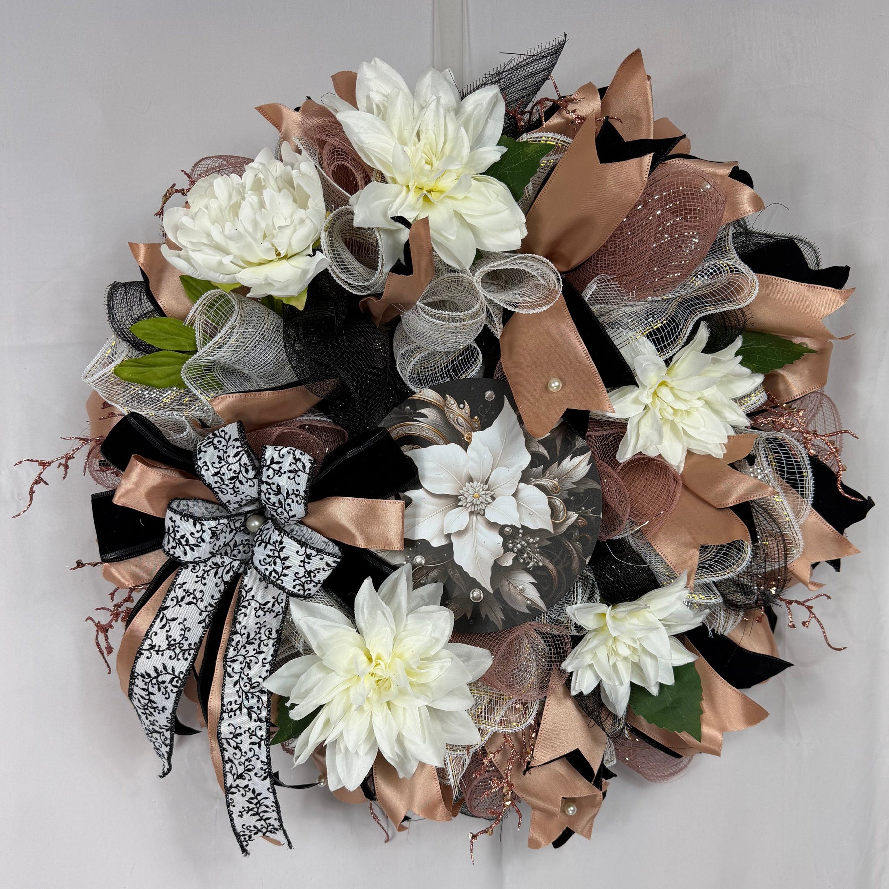 Black & Champagne Dahlia Wreath| Elegant Glam Front Door Decor detail view by Bouge Creations