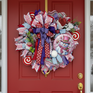 Pink Snowman Christmas Wreath | Candyland Holiday Front Door Wreath | Pastel Peppermint Christmas Decor | Handmade Winter