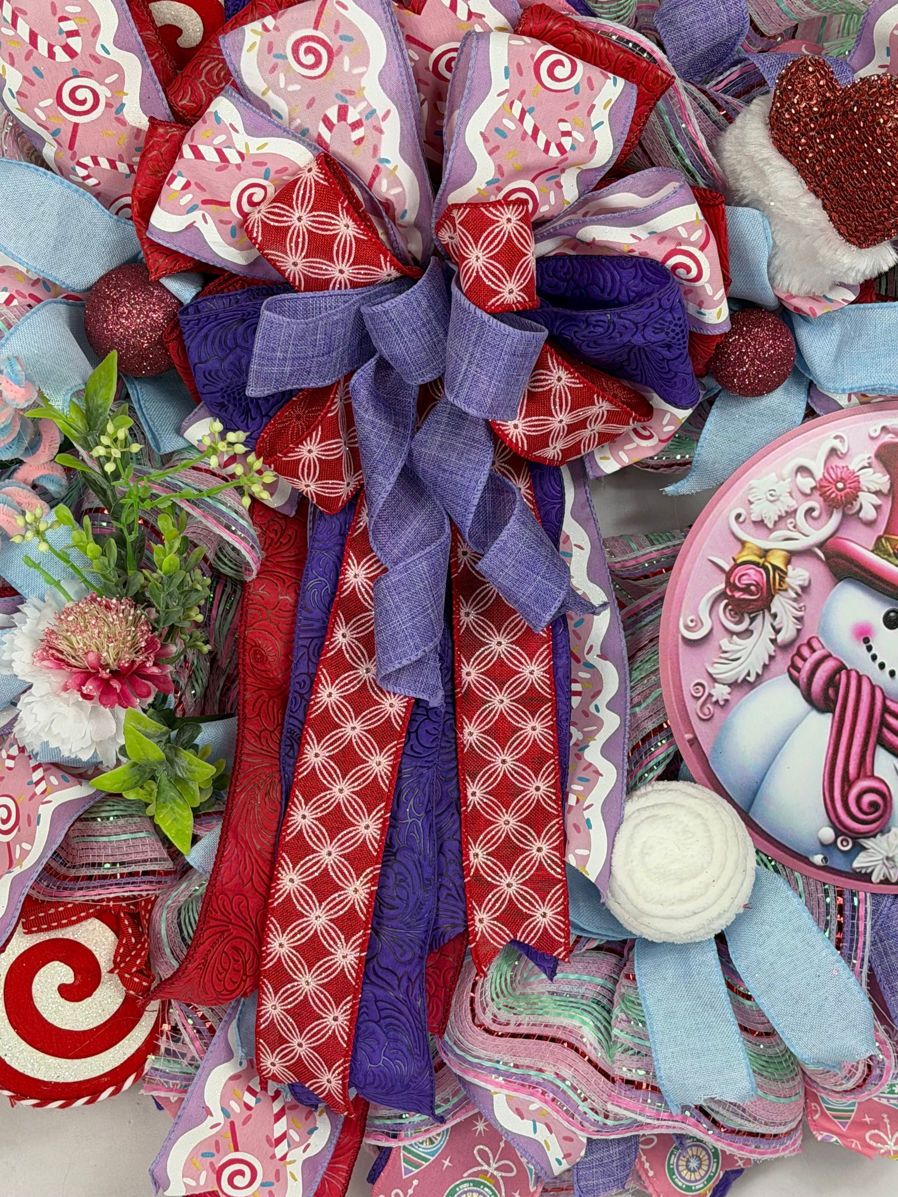Pink Snowman Christmas Wreath | Candyland Holiday Front Door Wreath | Pastel Peppermint Christmas Decor | Handmade Winter