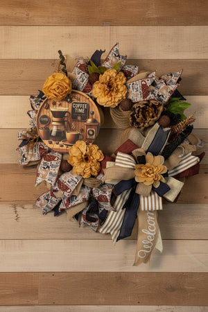 Coffee Lover's Wreath | Handmade Coffee Time Front Door Wreath | Farmhouse Kitchen Decor | Coffee Bar Wreath | Rustic Coffee