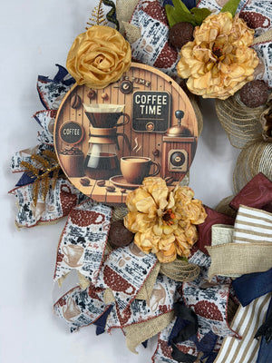 Coffee Lover's Wreath | Handmade Coffee Time Front Door Wreath | Farmhouse Kitchen Decor | Coffee Bar Wreath | Rustic Coffee