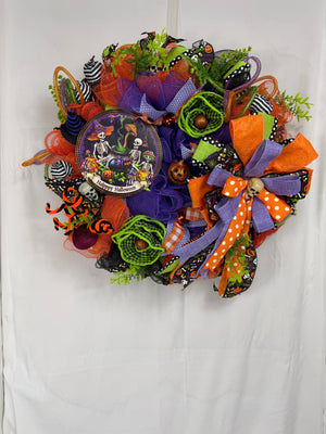 Happy Halloween Skeleton Wreath | Handmade Halloween Front Door Wreath | Spooky Skeleton Family Decor | Orange Purple Mesh